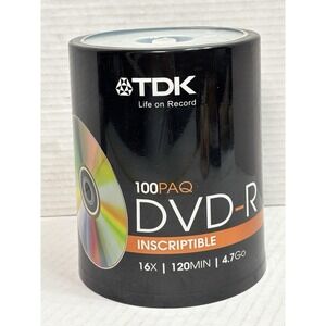 TDK DVD-R Print On White Discs 4.7GB 1-16 - 100 Pack Spindle NEW Factory Sealed